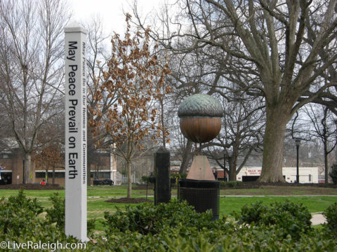 Peace Pole and Acorn in Moore Square